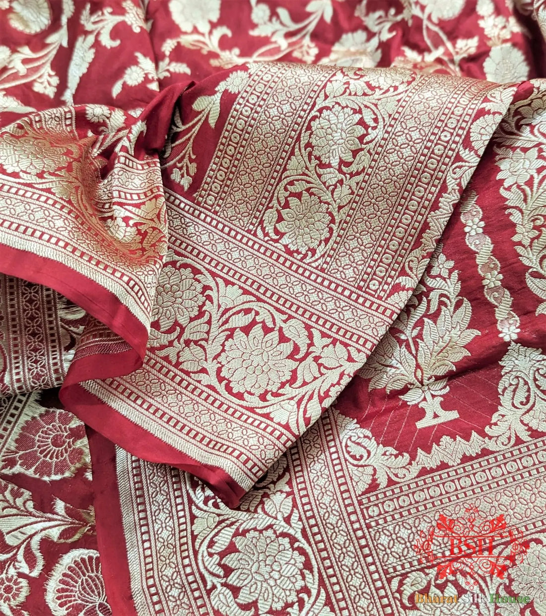 Handloom Banarasi Pure Katan Silk Saree Floral Jaal In Shades Of Red - Bharat Silk House Pure Kataan Silk