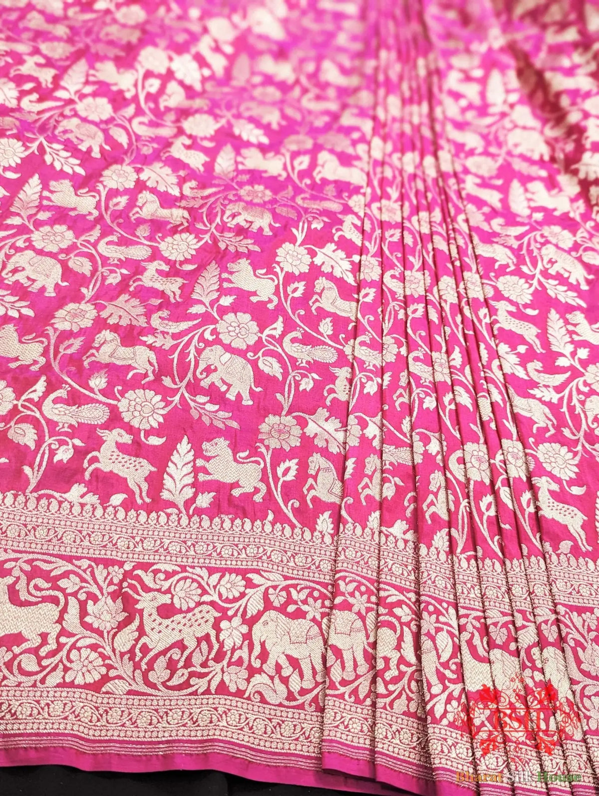 Handloom Banarasi Shikargah Kataan Silk Saree In Shades Of Pink - Bharat Silk House Pure Kataan Silk