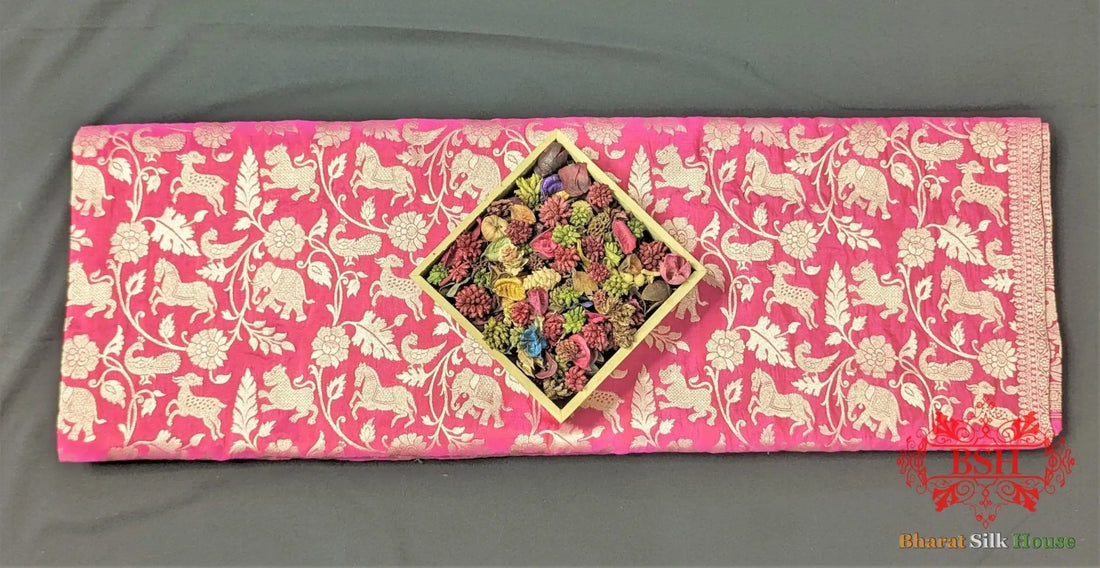 Handloom Banarasi Shikargah Kataan Silk Saree In Shades Of Pink - Bharat Silk House Pure Kataan Silk