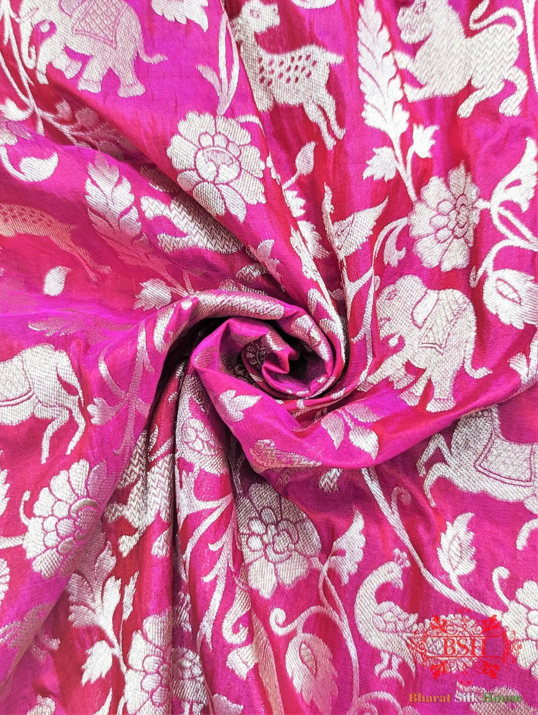 Handloom Banarasi Shikargah Kataan Silk Saree In Shades Of Pink - Bharat Silk House Pure Kataan Silk