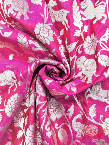 Handloom Banarasi Shikargah Kataan Silk Saree In Shades Of Pink - Bharat Silk House Pure Kataan Silk