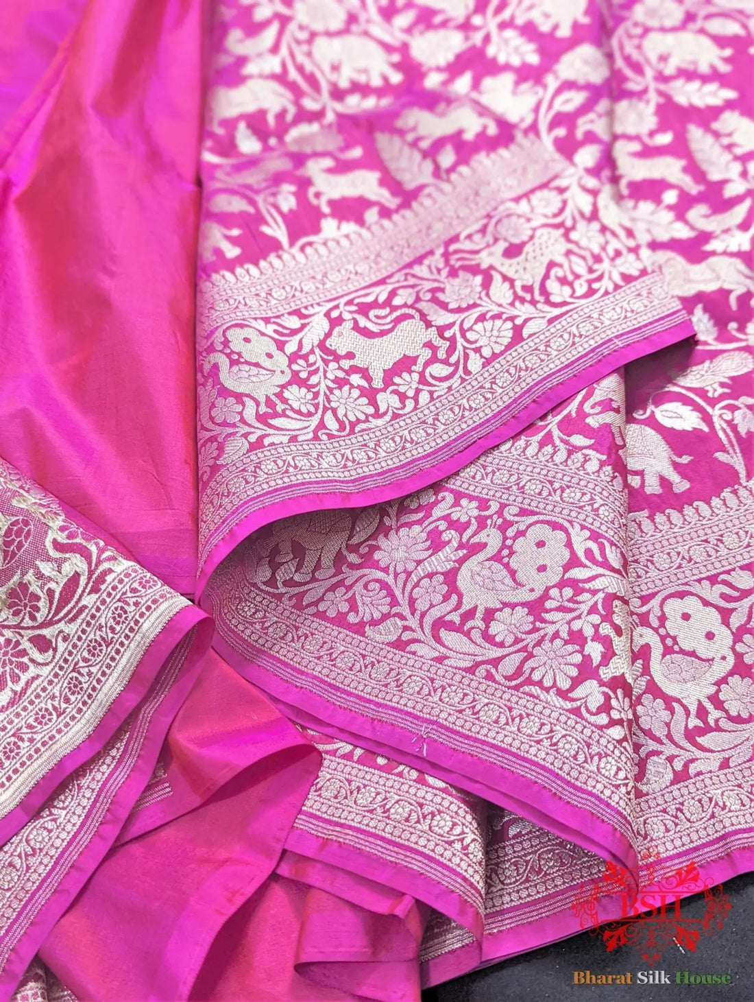 Handloom Banarasi Shikargah Kataan Silk Saree In Shades Of Pink - Bharat Silk House Pure Kataan Silk