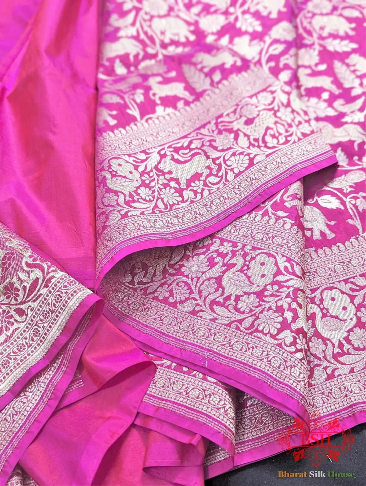 Handloom Banarasi Shikargah Kataan Silk Saree In Shades Of Pink - Bharat Silk House Pure Kataan Silk