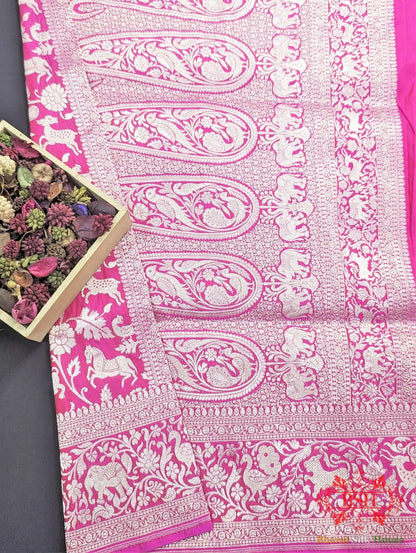 Handloom Banarasi Shikargah Kataan Silk Saree In Shades Of Pink - Bharat Silk House Pure Kataan Silk