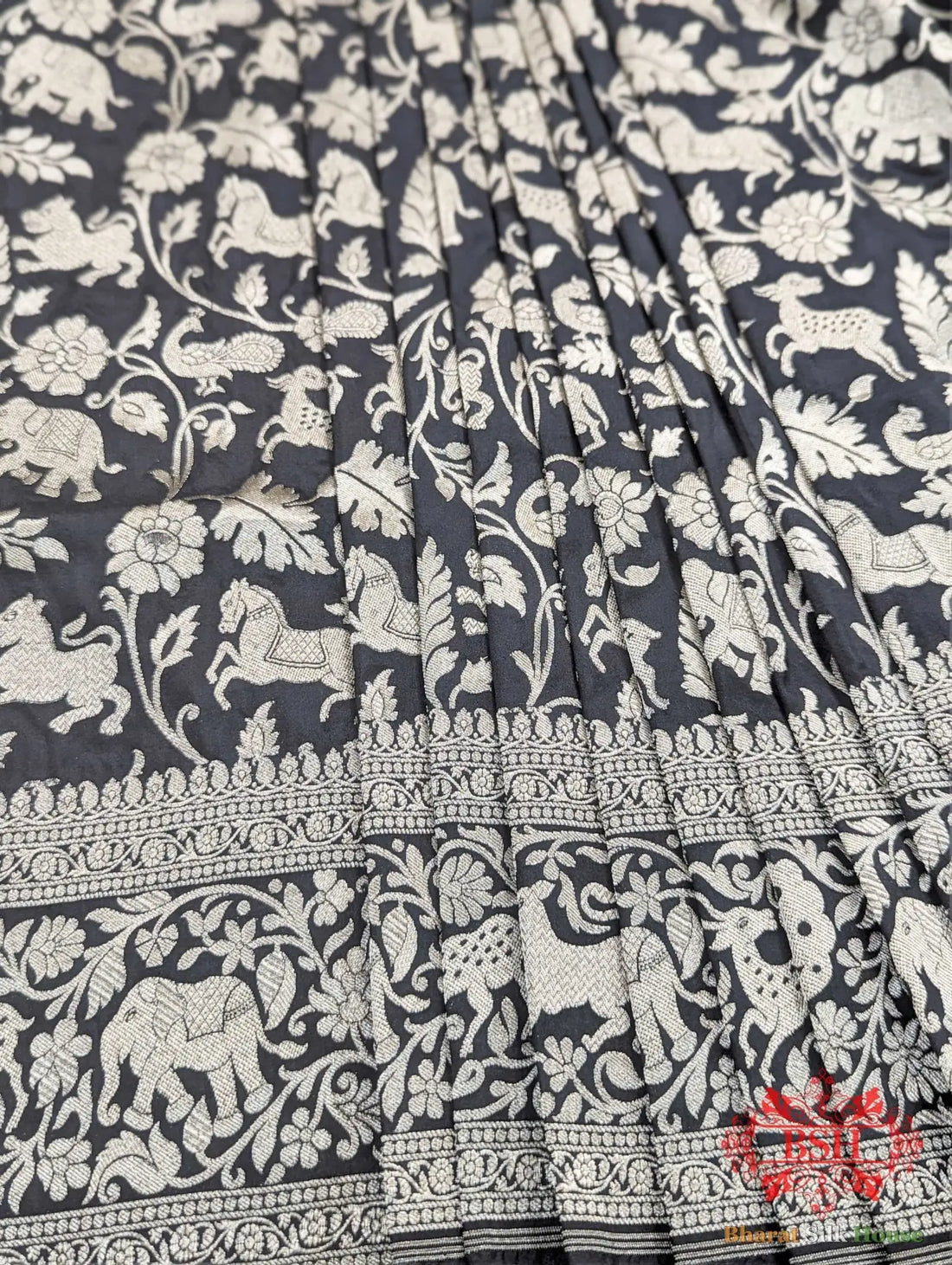 Handloom Banarasi Shikargah Katan Silk Saree In Shades Of Black - Bharat Silk House Pure Kataan Silk