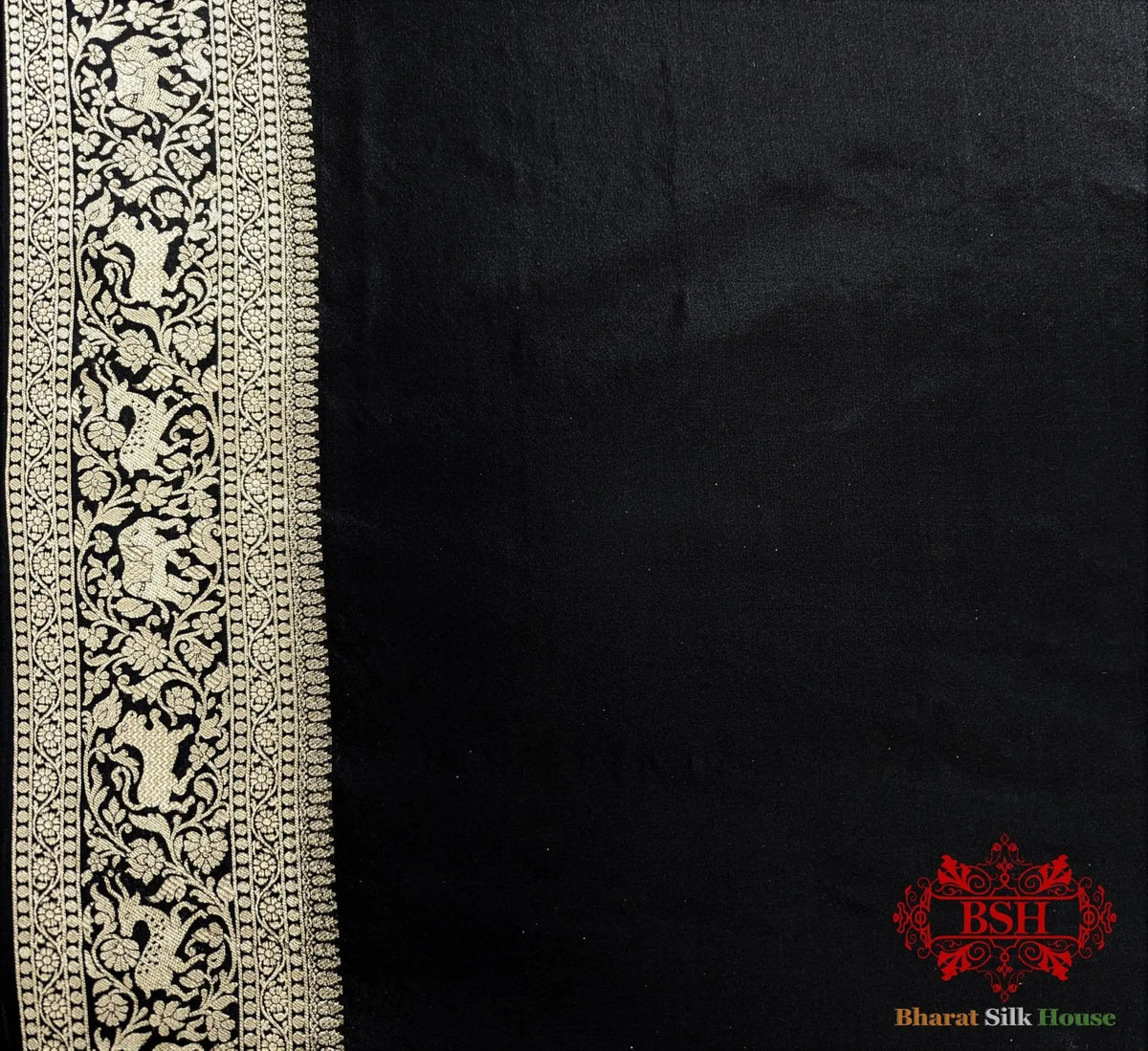 Handloom Banarasi Shikargah Katan Silk Saree In Shades Of Black - Bharat Silk House Pure Kataan Silk