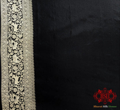 Handloom Banarasi Shikargah Katan Silk Saree In Shades Of Black - Bharat Silk House Pure Kataan Silk