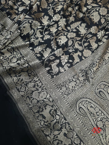 Handloom Banarasi Shikargah Katan Silk Saree In Shades Of Black - Bharat Silk House Pure Kataan Silk