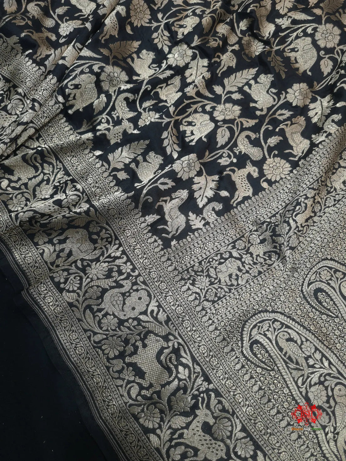 Handloom Banarasi Shikargah Katan Silk Saree In Shades Of Black - Bharat Silk House Pure Kataan Silk