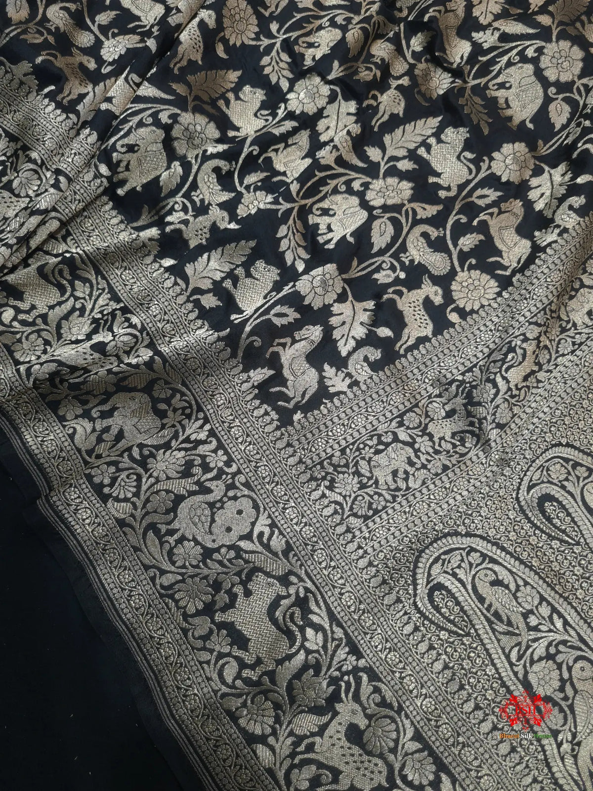 Handloom Banarasi Shikargah Katan Silk Saree In Shades Of Black - Bharat Silk House Pure Kataan Silk