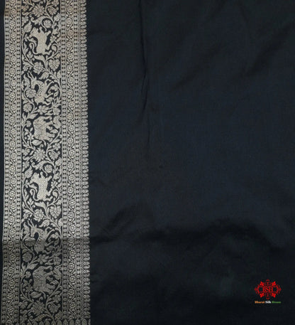 Handloom Banarasi Shikargah Katan Silk Saree In Shades Of Black - Bharat Silk House Pure Kataan Silk