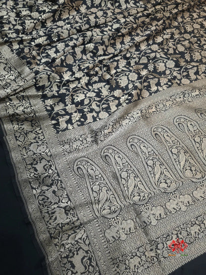 Handloom Banarasi Shikargah Katan Silk Saree In Shades Of Black - Bharat Silk House Pure Kataan Silk