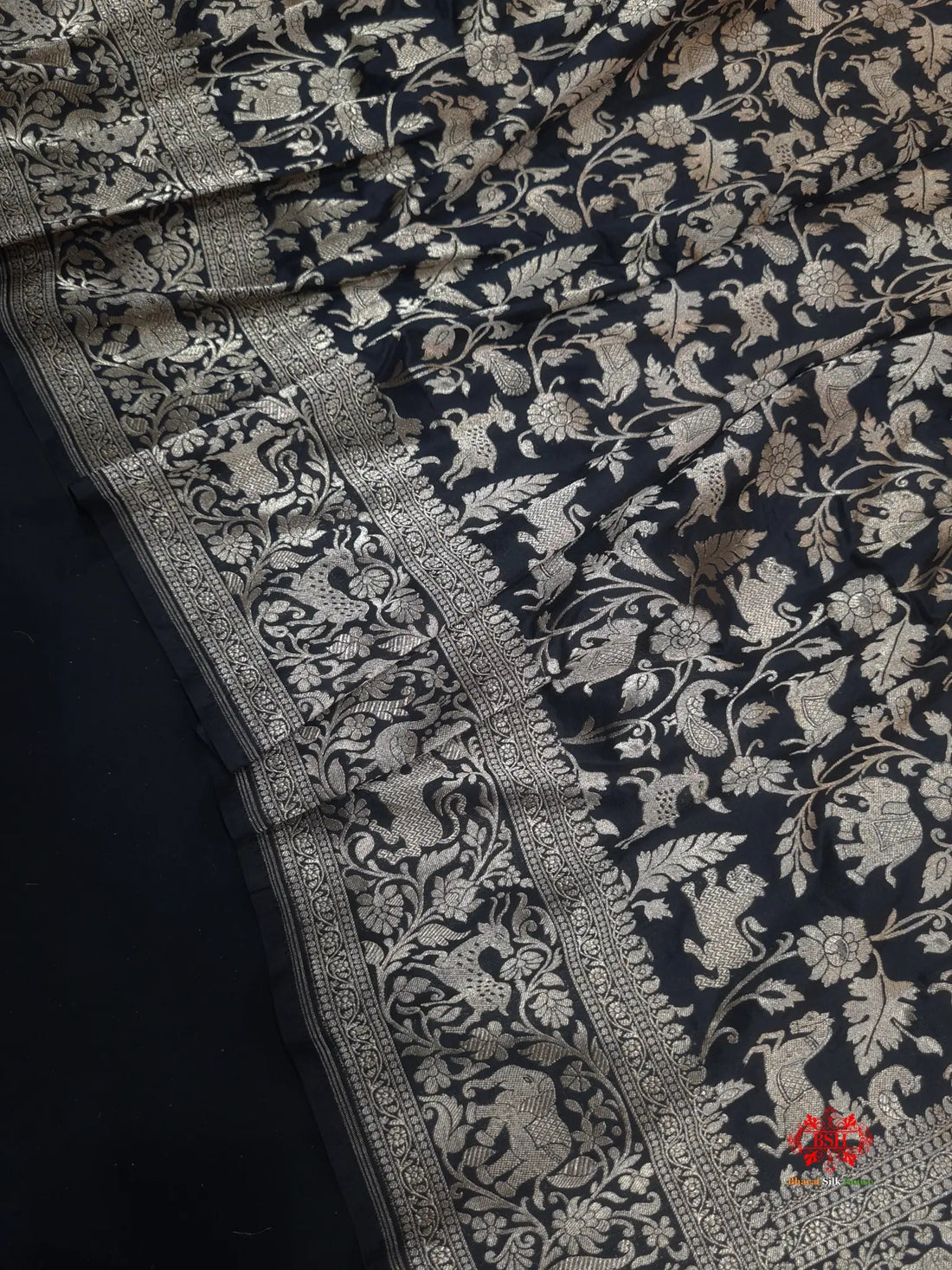 Handloom Banarasi Shikargah Katan Silk Saree In Shades Of Black - Bharat Silk House Pure Kataan Silk