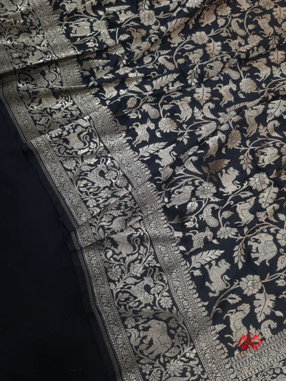 Handloom Banarasi Shikargah Katan Silk Saree In Shades Of Black - Bharat Silk House Pure Kataan Silk