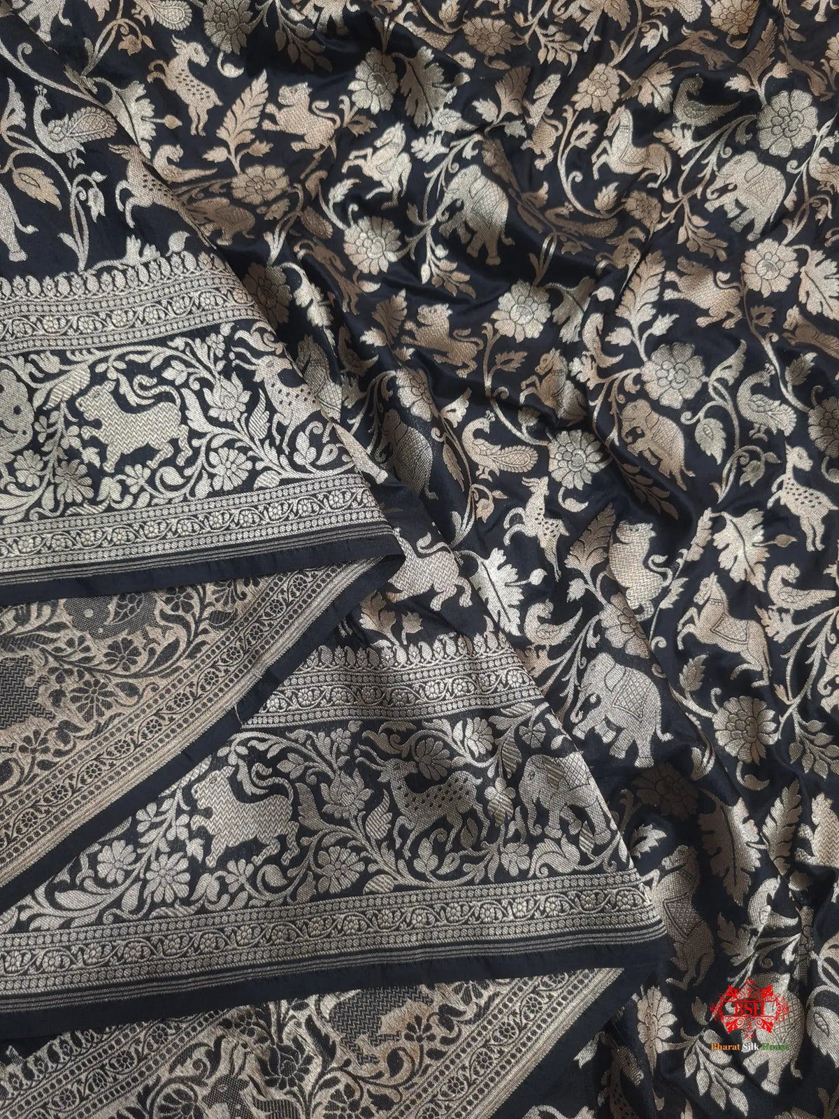 Handloom Banarasi Shikargah Katan Silk Saree In Shades Of Black - Bharat Silk House Pure Kataan Silk