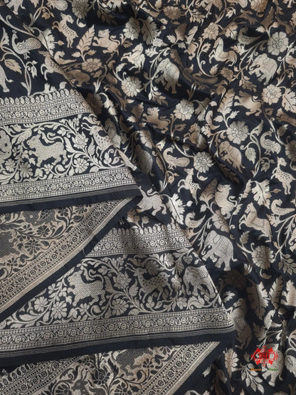 Handloom Banarasi Shikargah Katan Silk Saree In Shades Of Black - Bharat Silk House Pure Kataan Silk