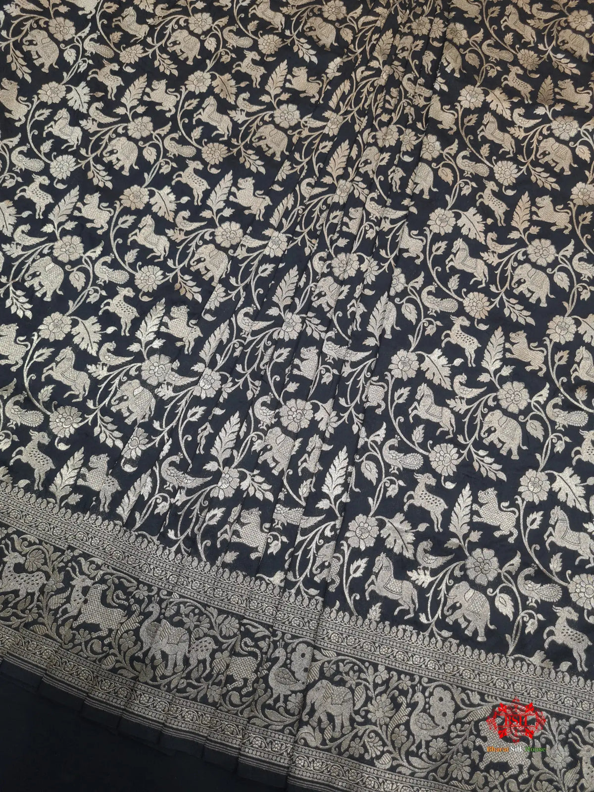 Handloom Banarasi Shikargah Katan Silk Saree In Shades Of Black - Bharat Silk House Pure Kataan Silk