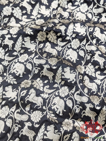 Handloom Banarasi Shikargah Katan Silk Saree In Shades Of Black - Bharat Silk House Pure Kataan Silk