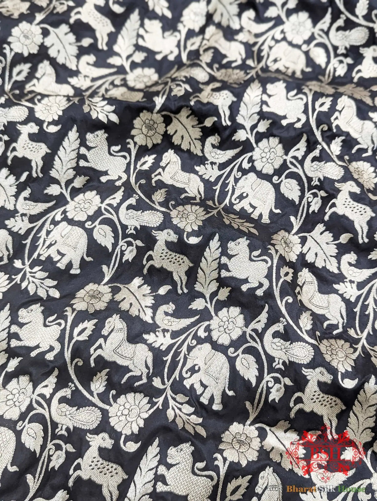 Handloom Banarasi Shikargah Katan Silk Saree In Shades Of Black - Bharat Silk House Pure Kataan Silk
