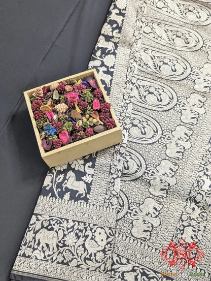 Handloom Banarasi Shikargah Katan Silk Saree In Shades Of Black - Bharat Silk House Pure Kataan Silk