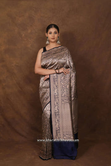 Handloom Banarasi Shikargah Katan Silk Saree In Shades Of Blue - Bharat Silk House katan silk