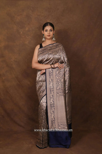 Handloom Banarasi Shikargah Katan Silk Saree In Shades Of Blue - Bharat Silk House katan silk