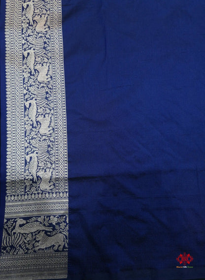 Handloom Banarasi Shikargah Katan Silk Saree In Shades Of Blue - Bharat Silk House katan silk