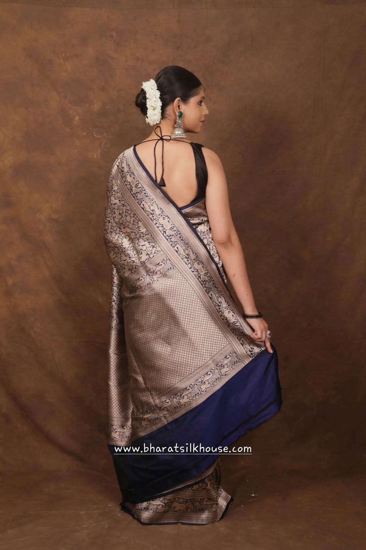 Handloom Banarasi Shikargah Katan Silk Saree In Shades Of Blue - Bharat Silk House katan silk