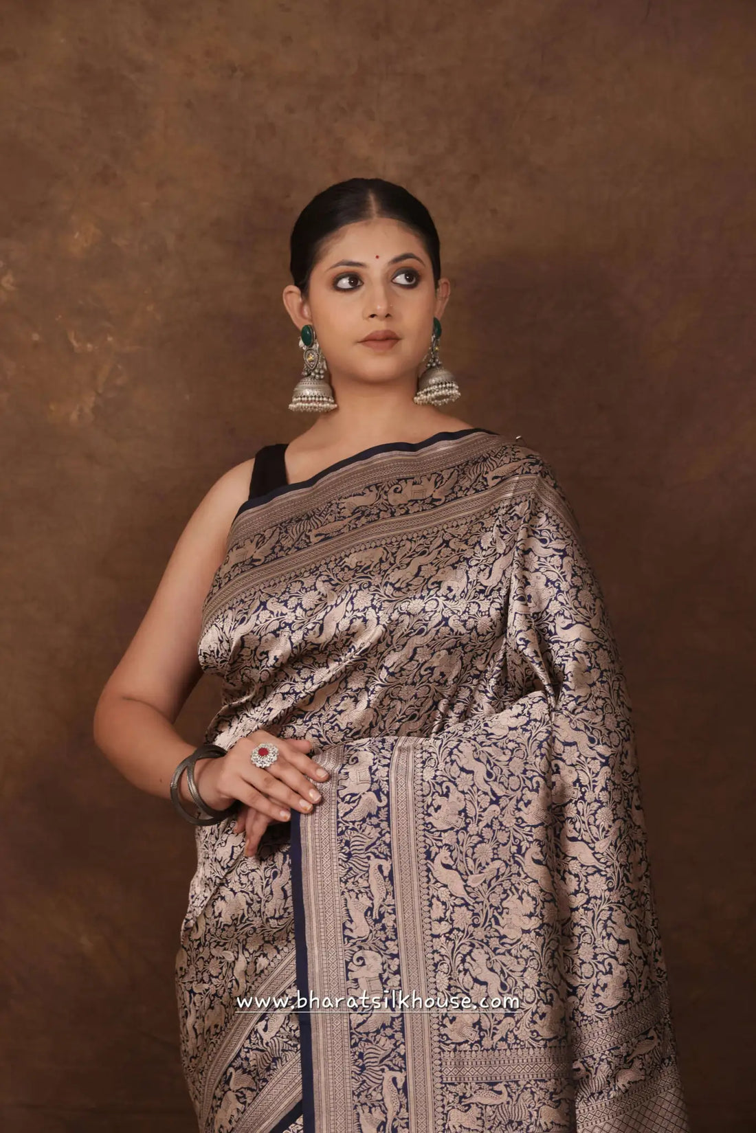 Handloom Banarasi Shikargah Katan Silk Saree In Shades Of Blue - Bharat Silk House katan silk