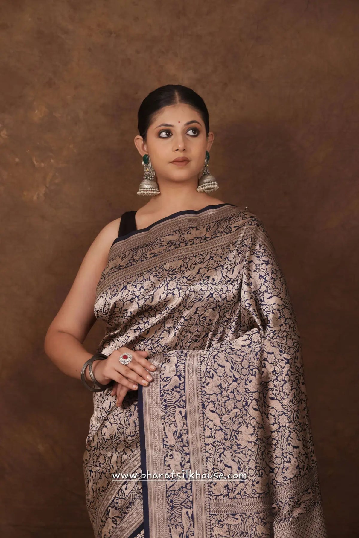Handloom Banarasi Shikargah Katan Silk Saree In Shades Of Blue - Bharat Silk House katan silk