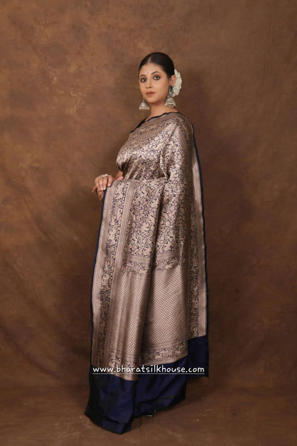 Handloom Banarasi Shikargah Katan Silk Saree In Shades Of Blue - Bharat Silk House katan silk