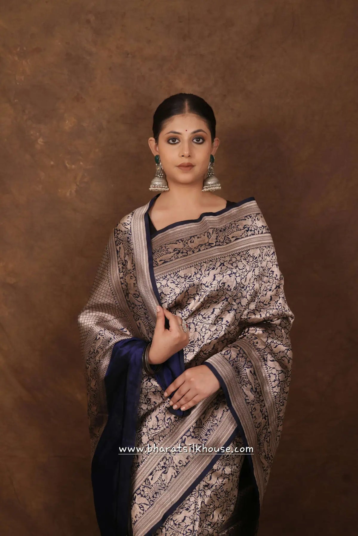 Handloom Banarasi Shikargah Katan Silk Saree In Shades Of Blue - Bharat Silk House katan silk