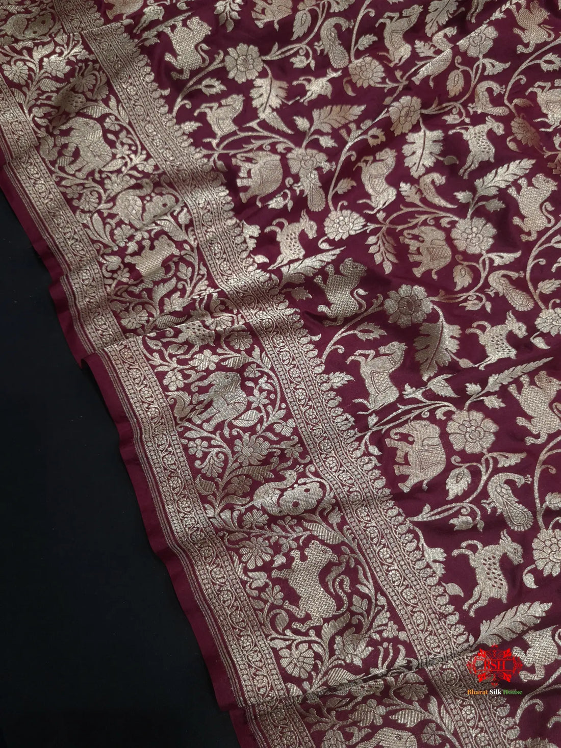 Handloom Banarasi Shikargah Katan Silk Saree In Shades Of Garnet - Bharat Silk House Pure Kataan Silk