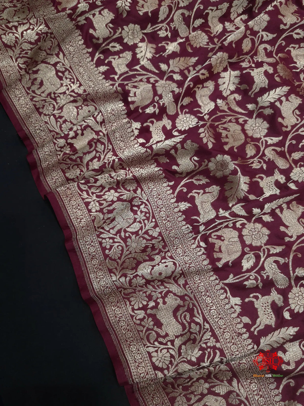 Handloom Banarasi Shikargah Katan Silk Saree In Shades Of Garnet - Bharat Silk House Pure Kataan Silk