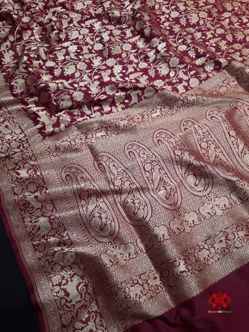 Handloom Banarasi Shikargah Katan Silk Saree In Shades Of Garnet - Bharat Silk House Pure Kataan Silk