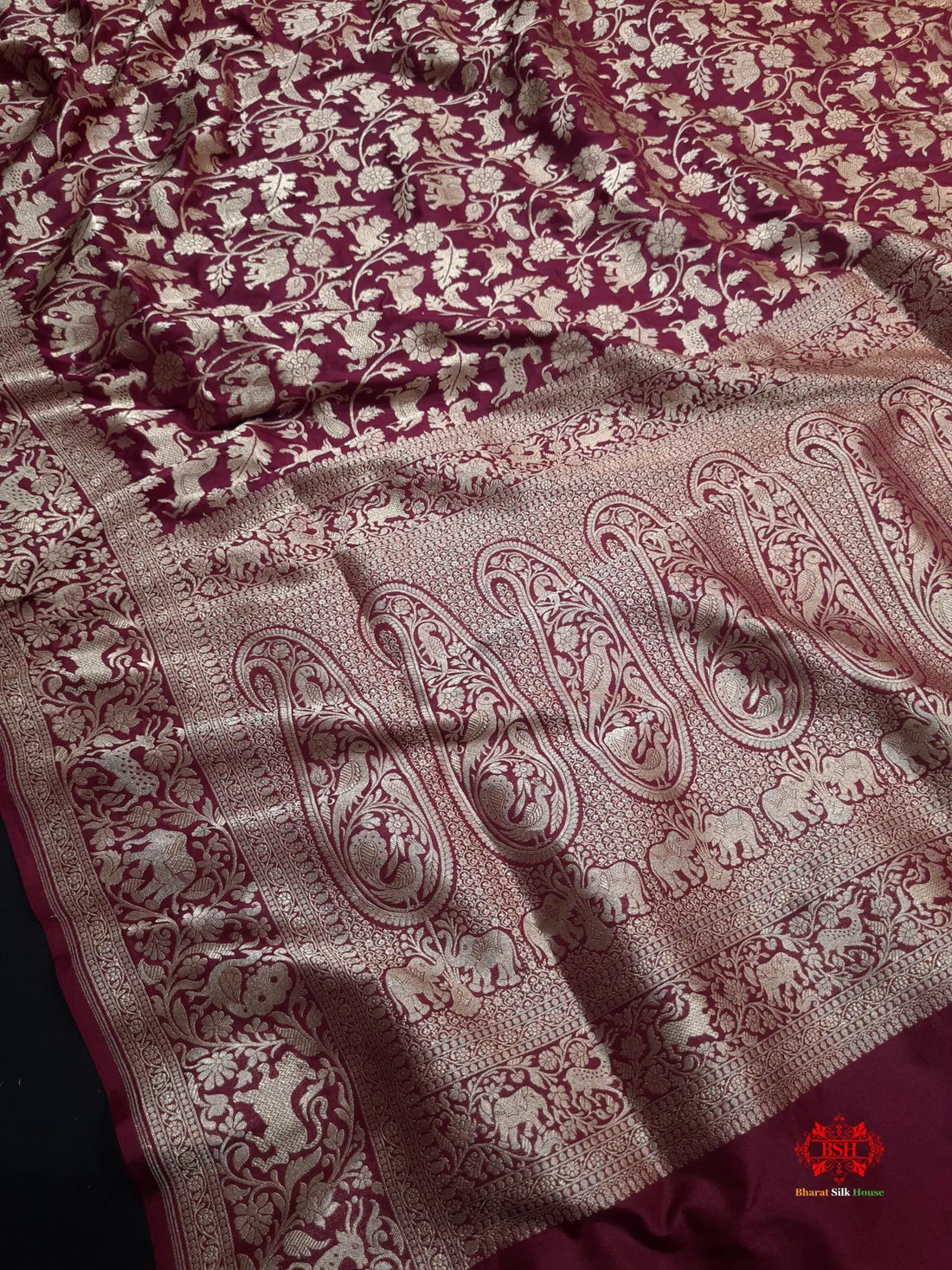 Handloom Banarasi Shikargah Katan Silk Saree In Shades Of Garnet - Bharat Silk House Pure Kataan Silk
