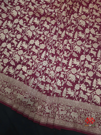 Handloom Banarasi Shikargah Katan Silk Saree In Shades Of Garnet - Bharat Silk House Pure Kataan Silk