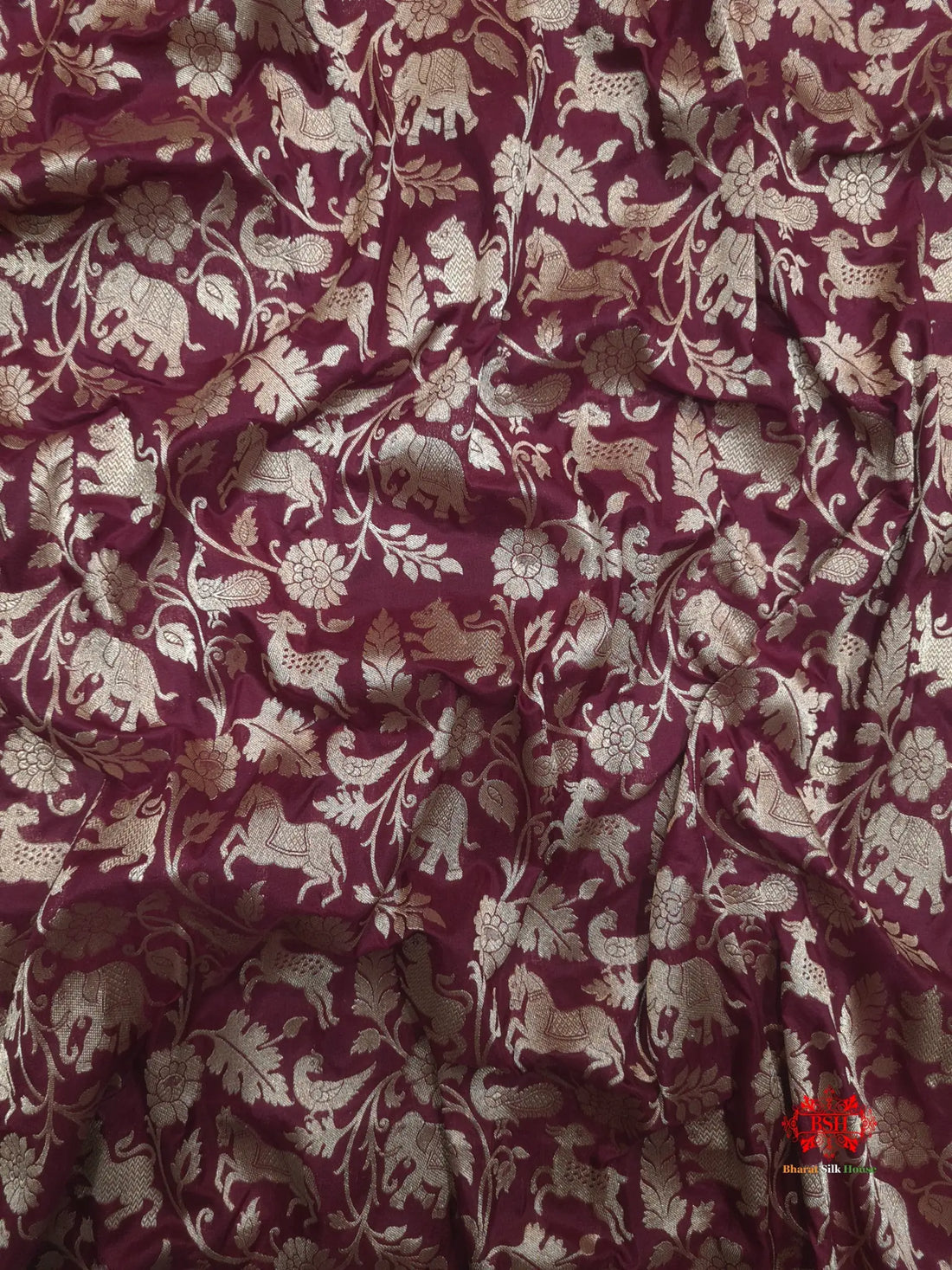 Handloom Banarasi Shikargah Katan Silk Saree In Shades Of Garnet - Bharat Silk House Pure Kataan Silk