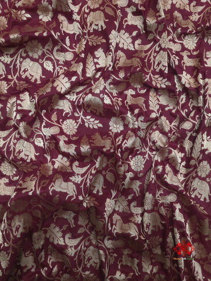 Handloom Banarasi Shikargah Katan Silk Saree In Shades Of Garnet - Bharat Silk House Pure Kataan Silk
