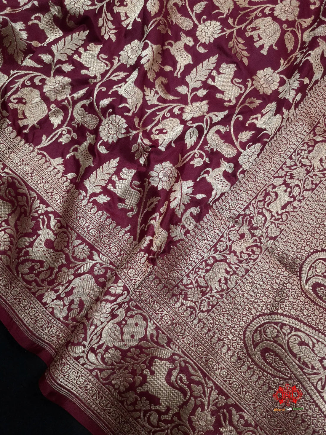 Handloom Banarasi Shikargah Katan Silk Saree In Shades Of Garnet - Bharat Silk House Pure Kataan Silk