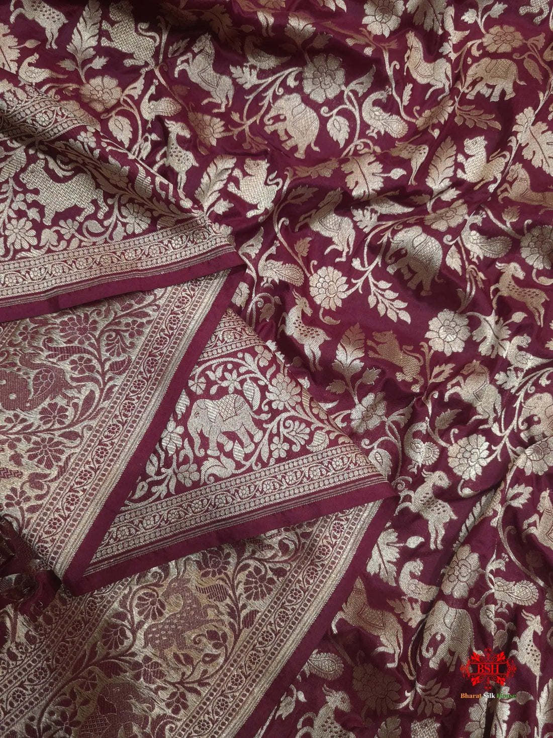 Handloom Banarasi Shikargah Katan Silk Saree In Shades Of Garnet - Bharat Silk House Pure Kataan Silk