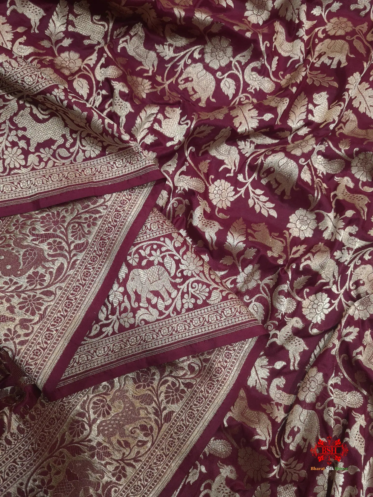 Handloom Banarasi Shikargah Katan Silk Saree In Shades Of Garnet - Bharat Silk House Pure Kataan Silk