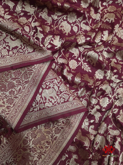 Handloom Banarasi Shikargah Katan Silk Saree In Shades Of Garnet - Bharat Silk House Pure Kataan Silk