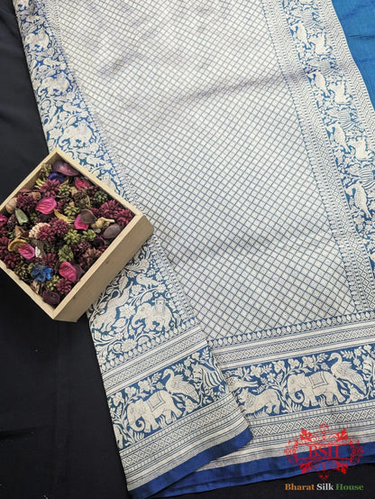Handloom Banarasi Shikargah Katan Silk Saree In Shades Of Navy Blue - Bharat Silk House Pure Kataan Silk