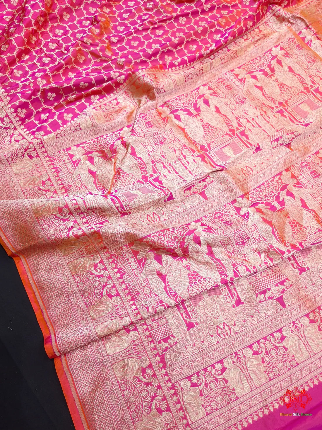 Handloom Banarasi Shikargah Katan Silk Saree In Shades Of Pink Cross Color - Bharat Silk House Pure Kataan Silk
