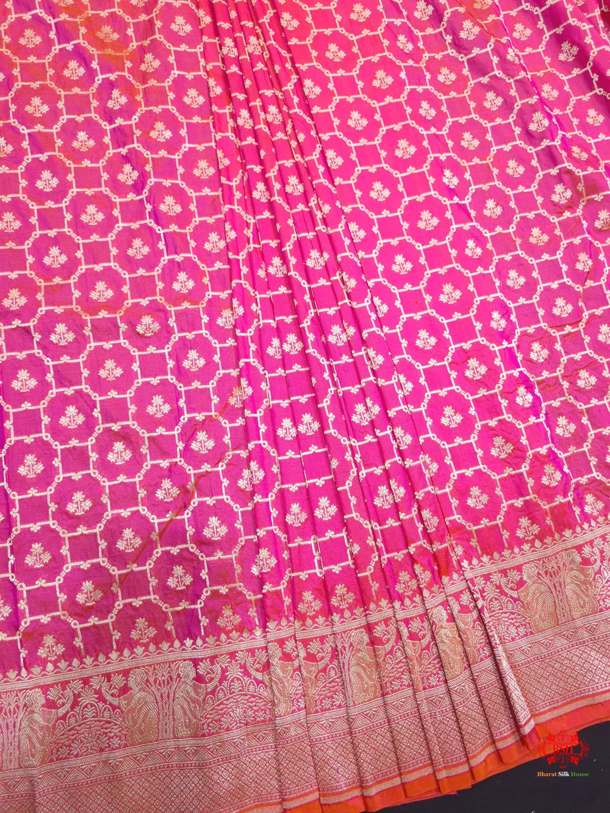 Handloom Banarasi Shikargah Katan Silk Saree In Shades Of Pink Cross Color - Bharat Silk House Pure Kataan Silk