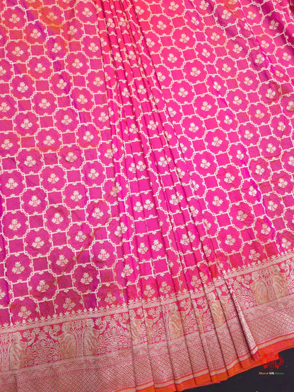 Handloom Banarasi Shikargah Katan Silk Saree In Shades Of Pink Cross Color - Bharat Silk House Pure Kataan Silk