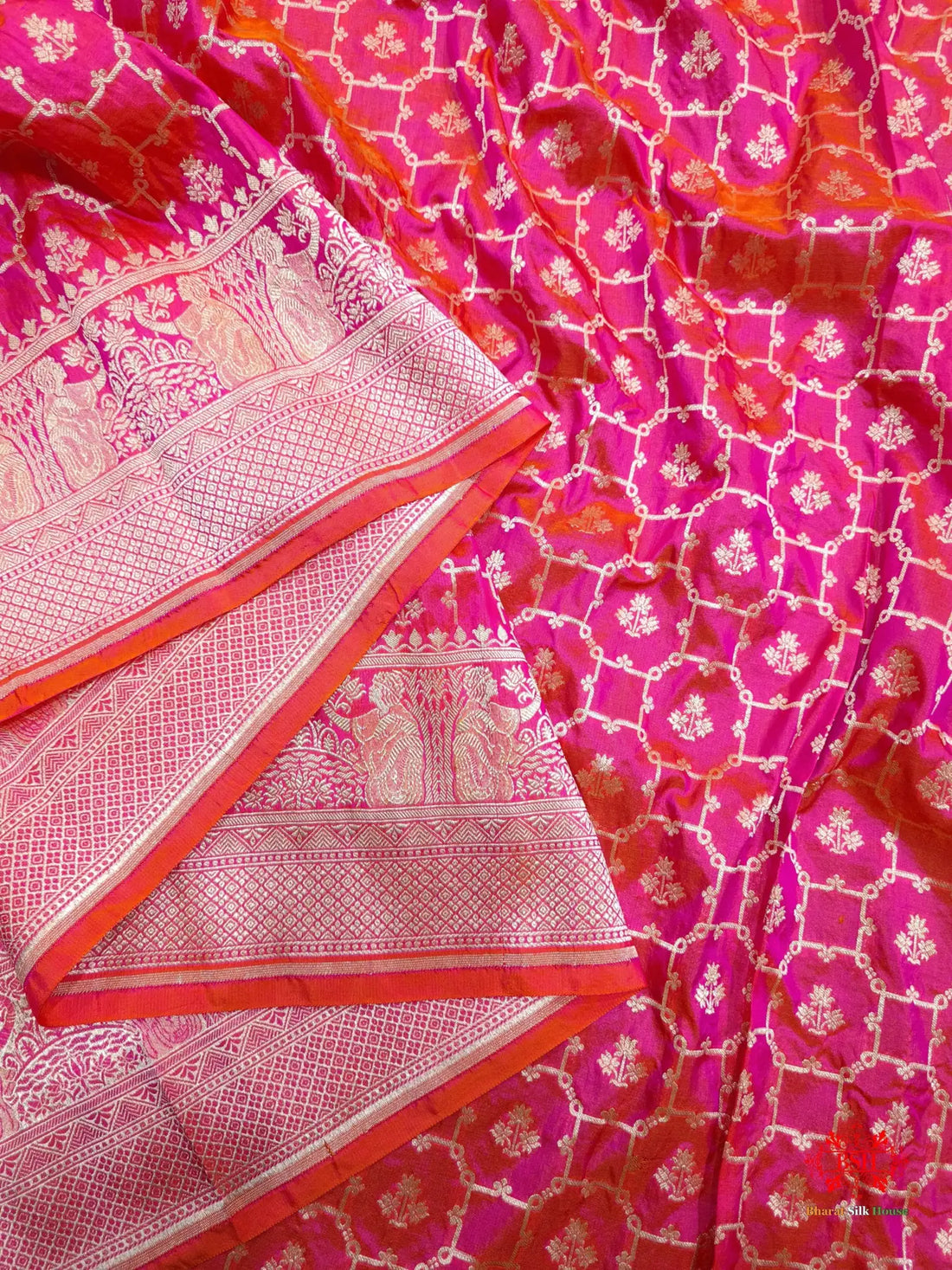 Handloom Banarasi Shikargah Katan Silk Saree In Shades Of Pink Cross Color - Bharat Silk House Pure Kataan Silk
