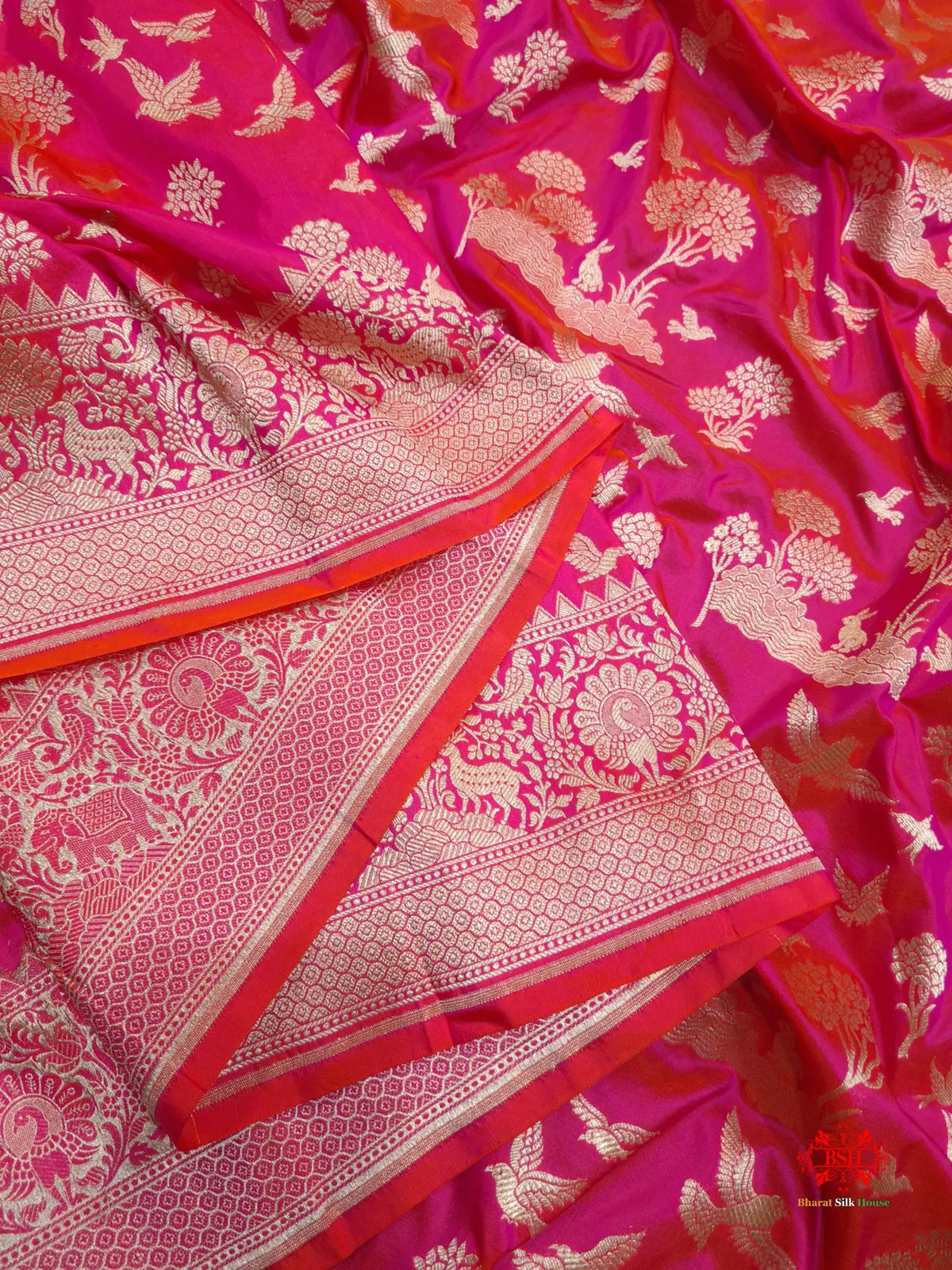 Handloom Banarasi Shikargah Katan Silk Saree In Shades Of Pink - Bharat Silk House Pure Kataan Silk