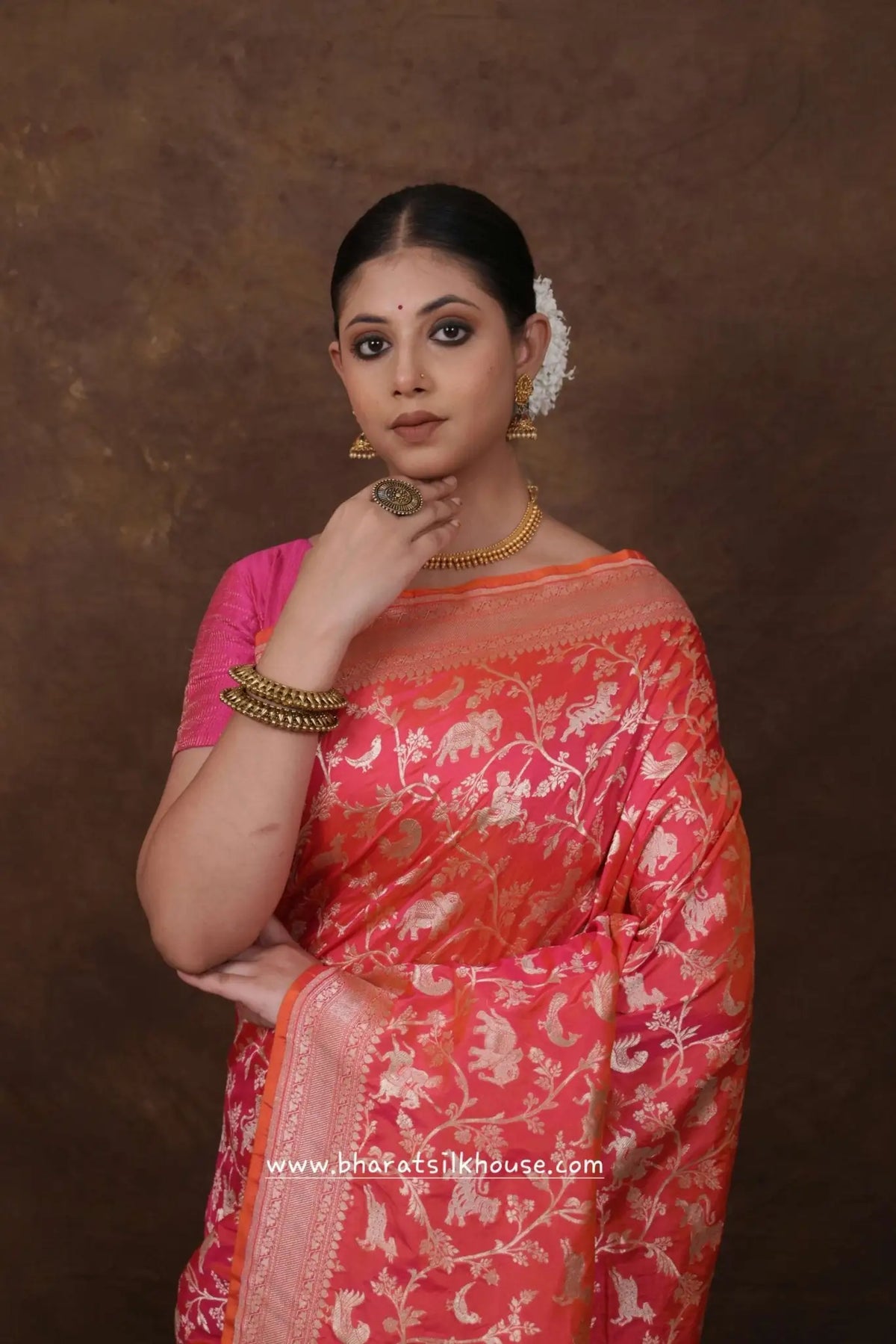 Handloom Banarasi Shikargah Katan Silk Saree In Shades Of Pink - Bharat Silk House Pure Kataan Silk